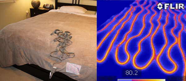 a side-by-side image of an electric blanket and a FLIR image showing the heated coils inside
