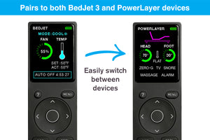 BedJet 3 remote control pairs to both BedJet 3 and PowerLayer devices and easily switches between pairings