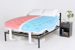 A Queen bedframe with a PowerLayer adjustable frame installed, a mattress with bedding on top, two BedJet units installed at the foot of the bed, and graphic overlays showing one side of the bed cool and the other warm