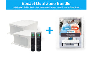 BedJet Dual Zone Bundle includes 2 BedJet units, 2 LCD remote controls, and a Cloud Sheet