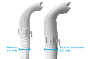 the Flat Hose is 2.5" wide versus the standard round hose which is 3.5" wide