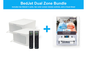 BedJet Dual Zone Bundle includes 2 BedJet units, 2 LCD remote controls, and a Cloud Sheet